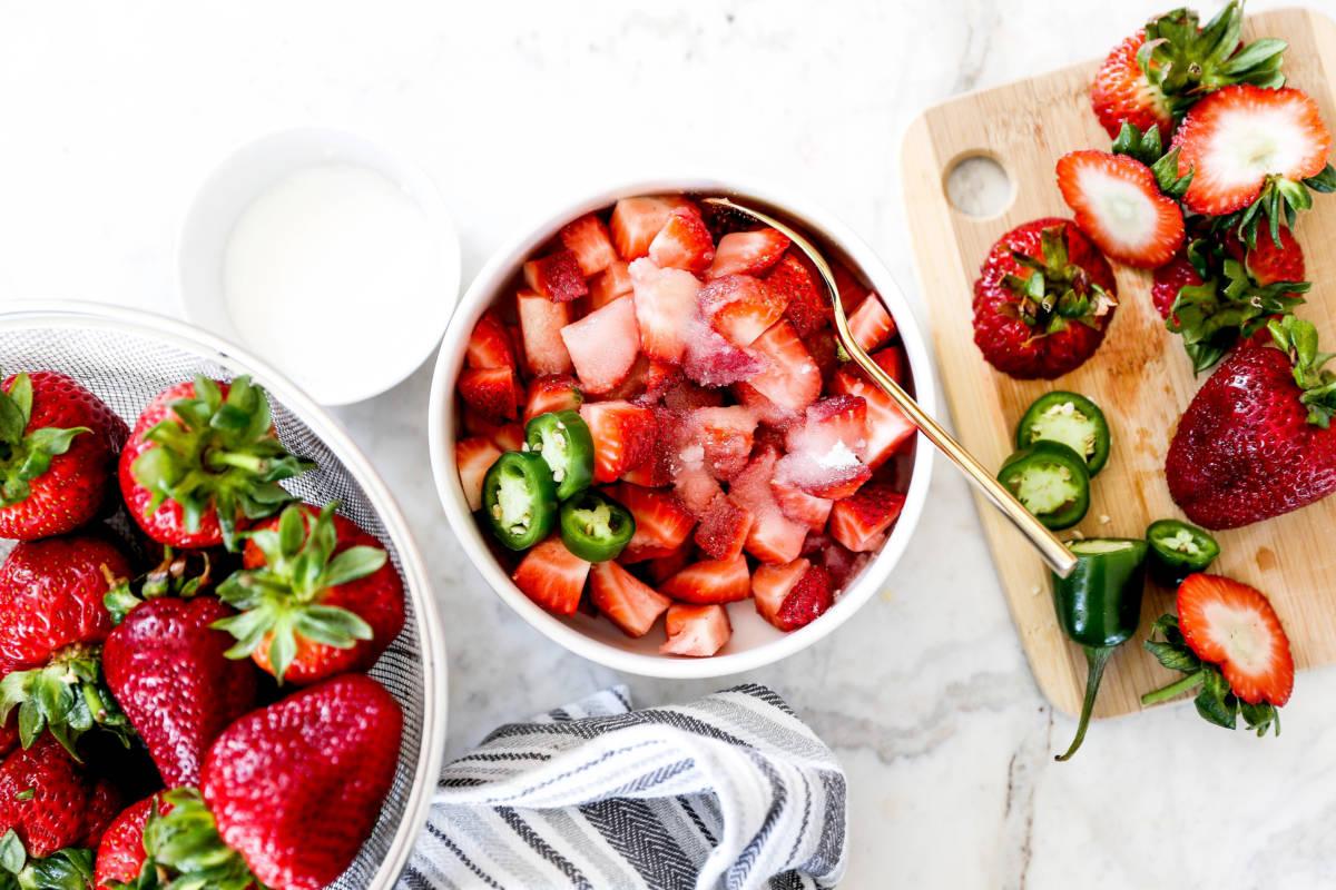 chopped strawberries for summer cocktail