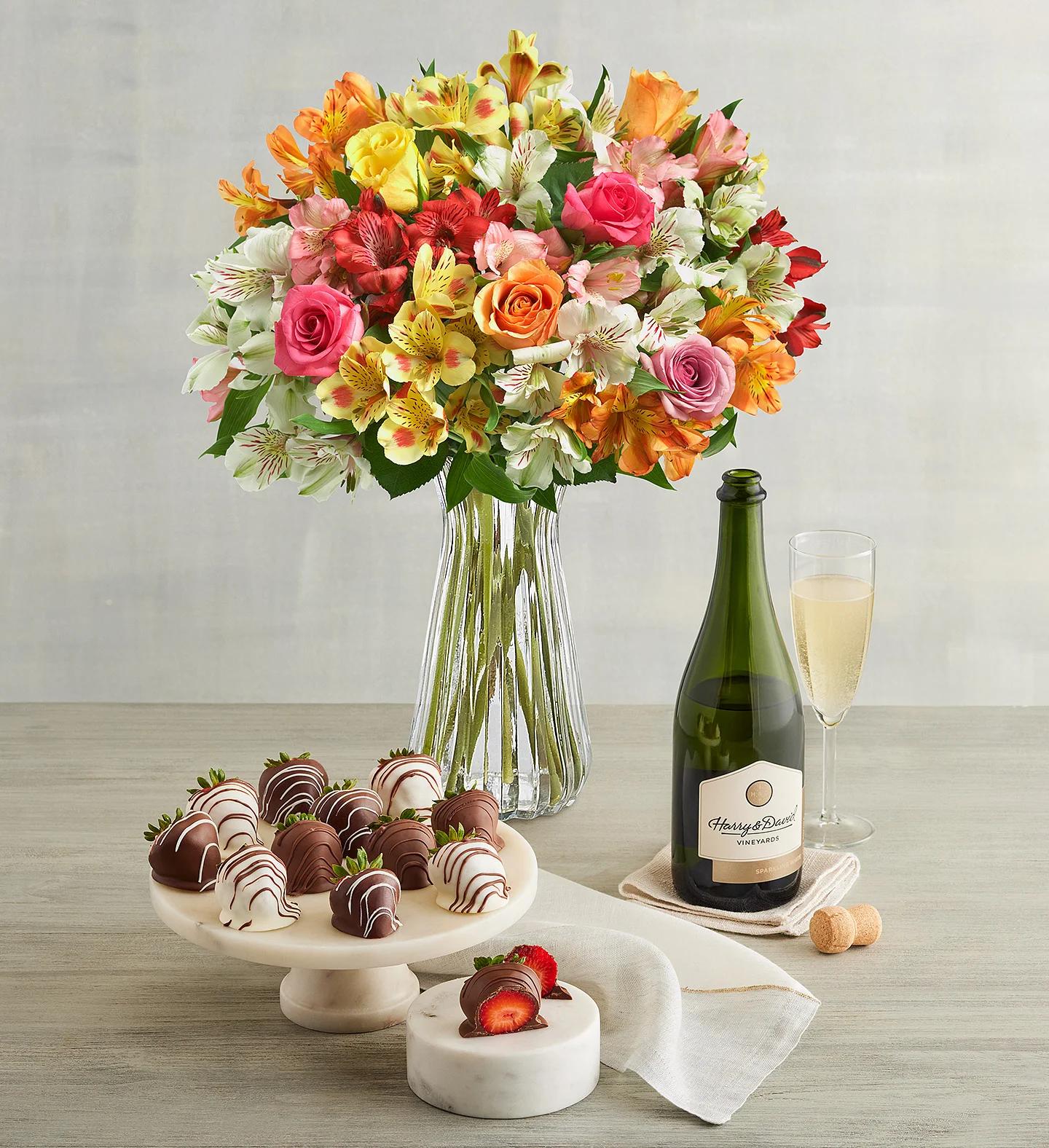 gifts for sisters flowers with wine chocolates