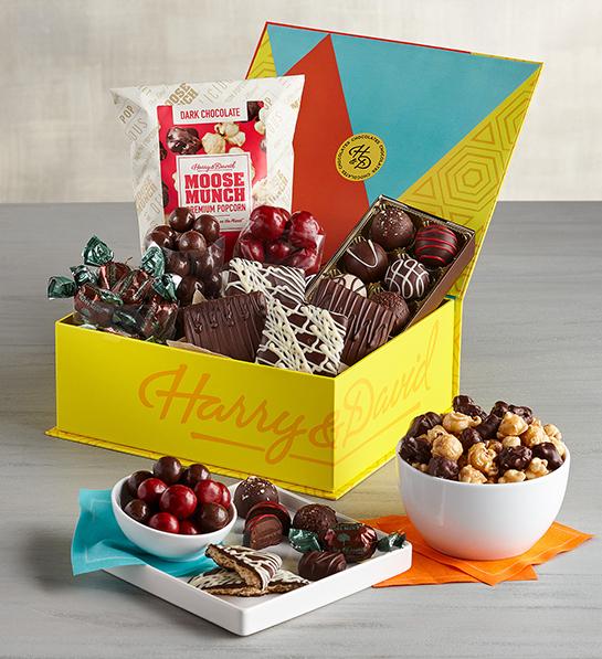 Christmas gift guide with a box of different types of chocolate treats.