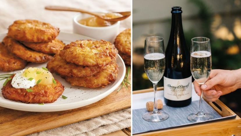 Hanukkah wine pairing with potato latkes and a bottle of sparkling wine