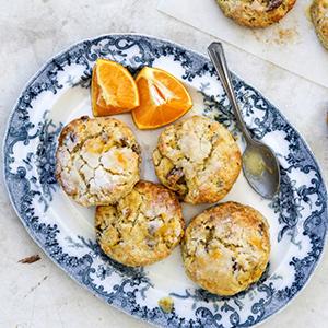 HoneyBell orange scones on a platter.