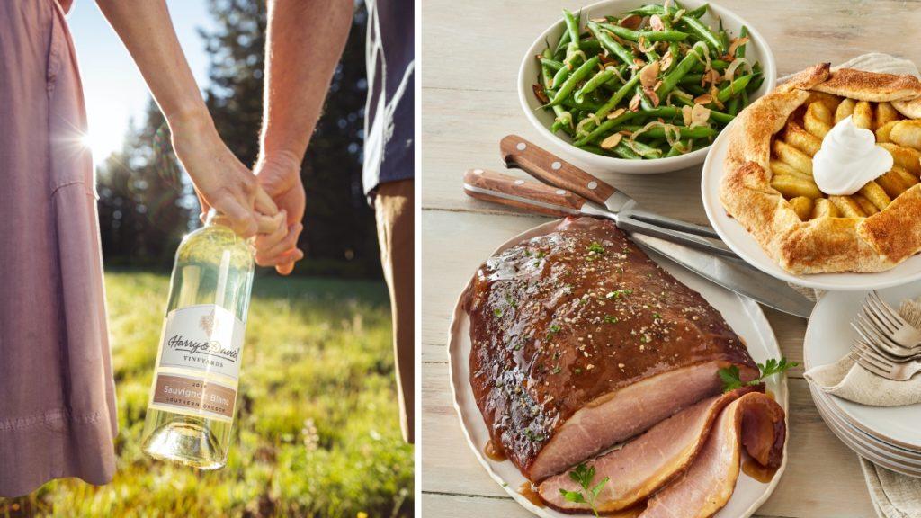 A photo of Easter wine with closeup on two people's hands holding a bottle of wine while they walk and a ham dinner.