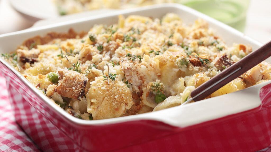 Comfort food with a closeup of a casserole.