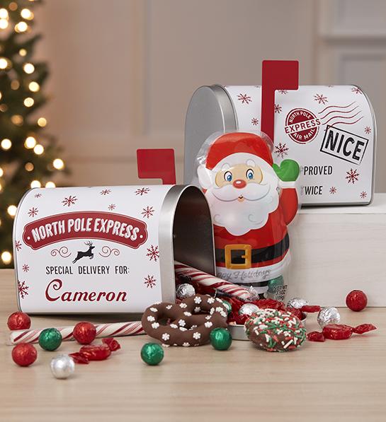 White elephant gift ideas with two personalized mail boxes surrounded by Christmas chocolate.