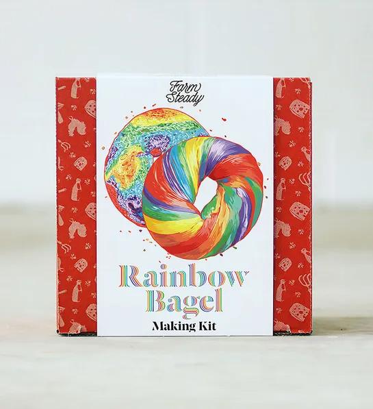 White elephant gift ideas with a box of rainbow bagel mix.