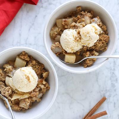 Types of pies with two bowls of pear crumble.