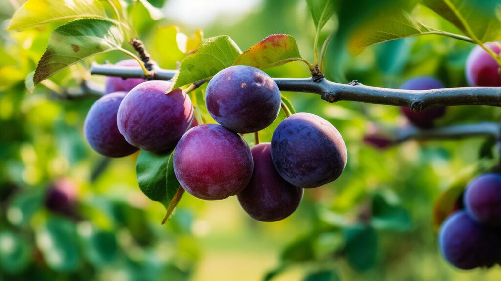 Ripe plums on a branch.