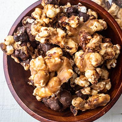 Halloween recipes with a bowl of Moose Munch caramel bark.