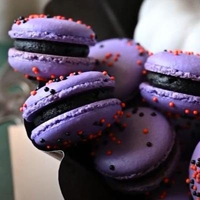 Halloween recipes with black and purple macarons.