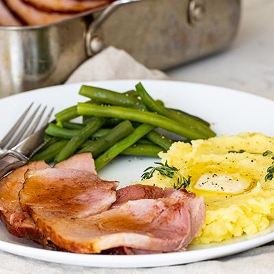 Spiral ham, beans, and mashed potatoes for New Year's dinner.