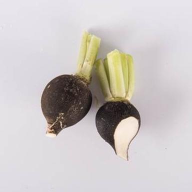 Types of radishes with a pair of back radishes on a white background.