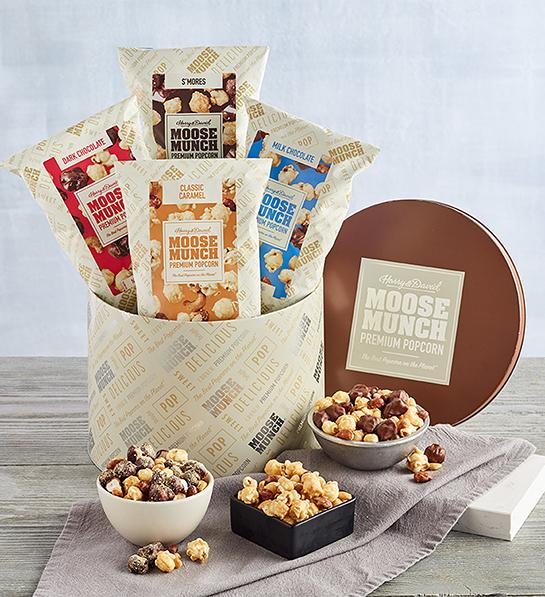 Bin of bags of Moose Munch caramel popcorn.