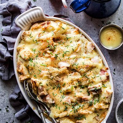 Eggs Benedict casserole in a dish.