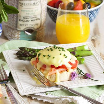 Smoked salmon eggs Benedict on a plate.