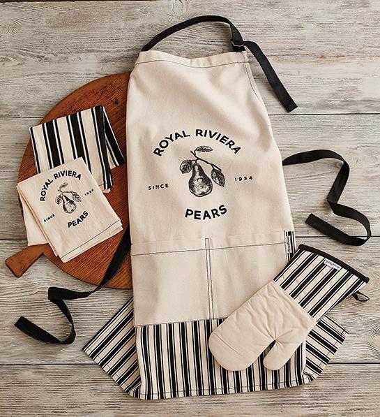 Gifts for the home cook with a set of matching aprons and linens.