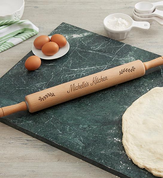 Gifts for the home cook with a personalized rolling pin.