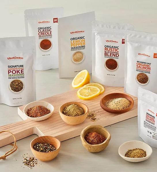 Gifts for the home cook with several bags of Vital Choice spice blends.